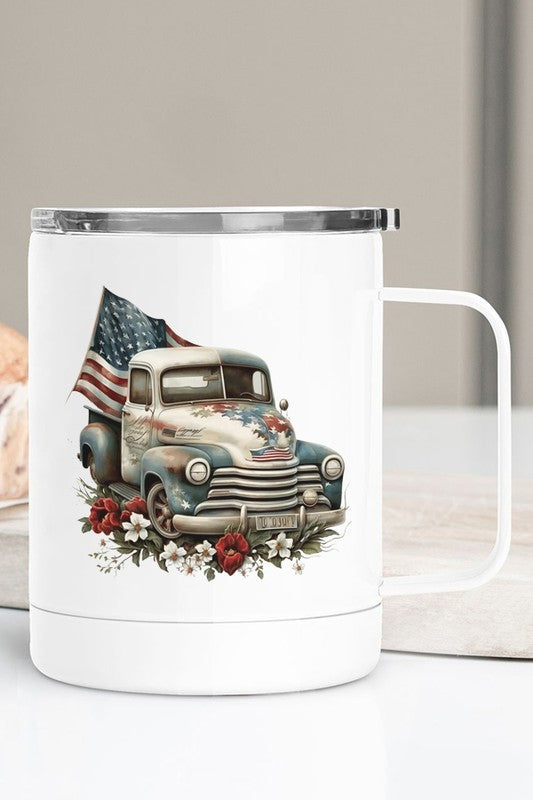 Patriotic Flag Truck Floral Stainless Steel Cup White OS by Cali Boutique | Fleurcouture