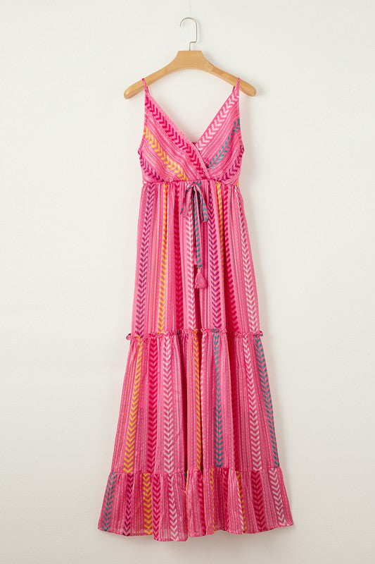 Pink Tribal Tassel Tie V Neck Surplice Maxi Dress one color by EG fashion | Fleurcouture