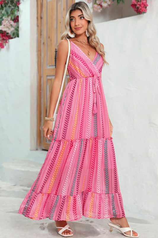 Pink Tribal Tassel Tie V Neck Surplice Maxi Dress one color by EG fashion | Fleurcouture