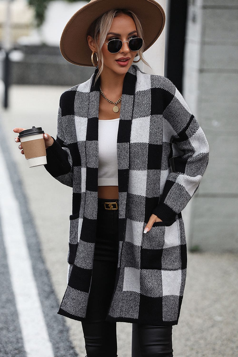 Plaid Dropped Shoulder Cardigan with Pocket Black S by Trendsi | Fleurcouture