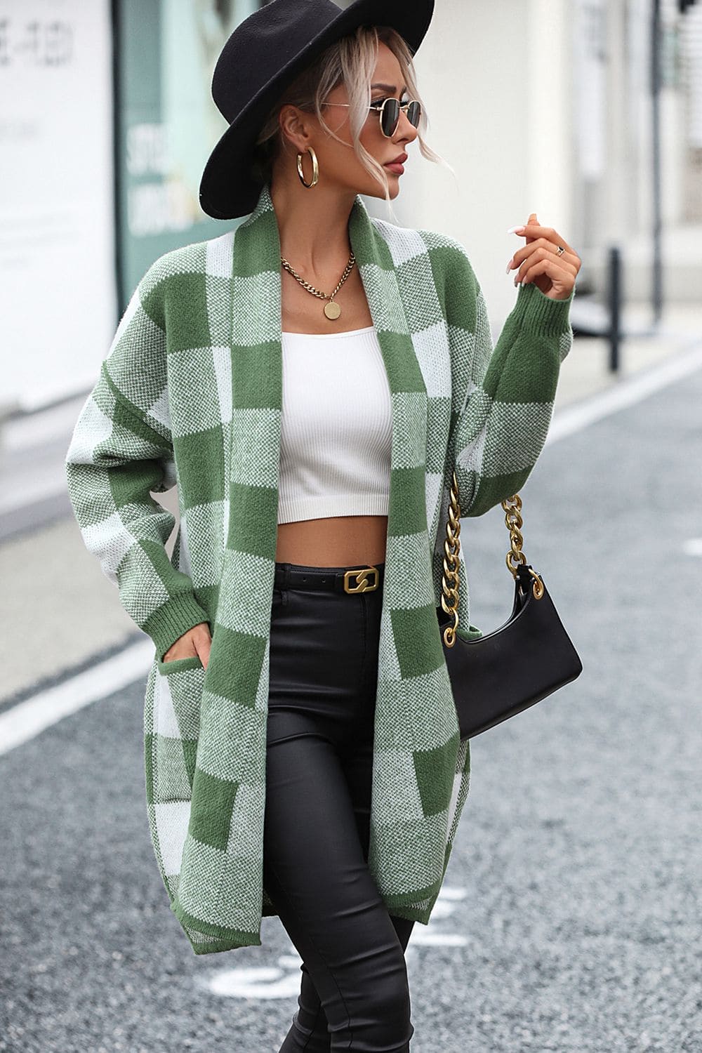 Plaid Dropped Shoulder Cardigan with Pocket by Trendsi | Fleurcouture