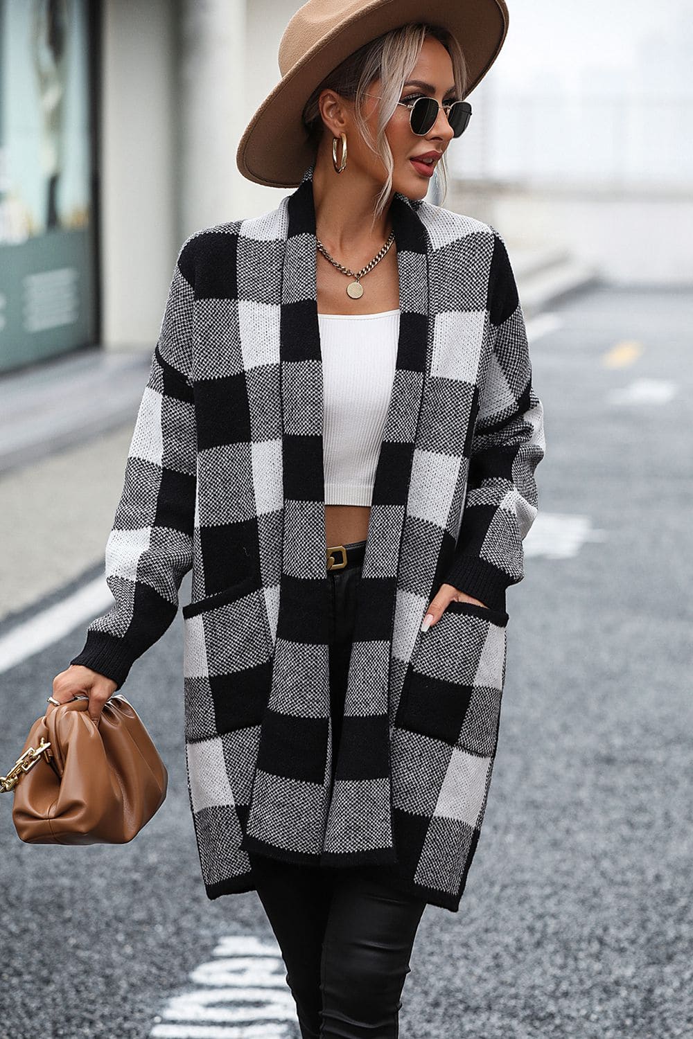 Plaid Dropped Shoulder Cardigan with Pocket by Trendsi | Fleurcouture