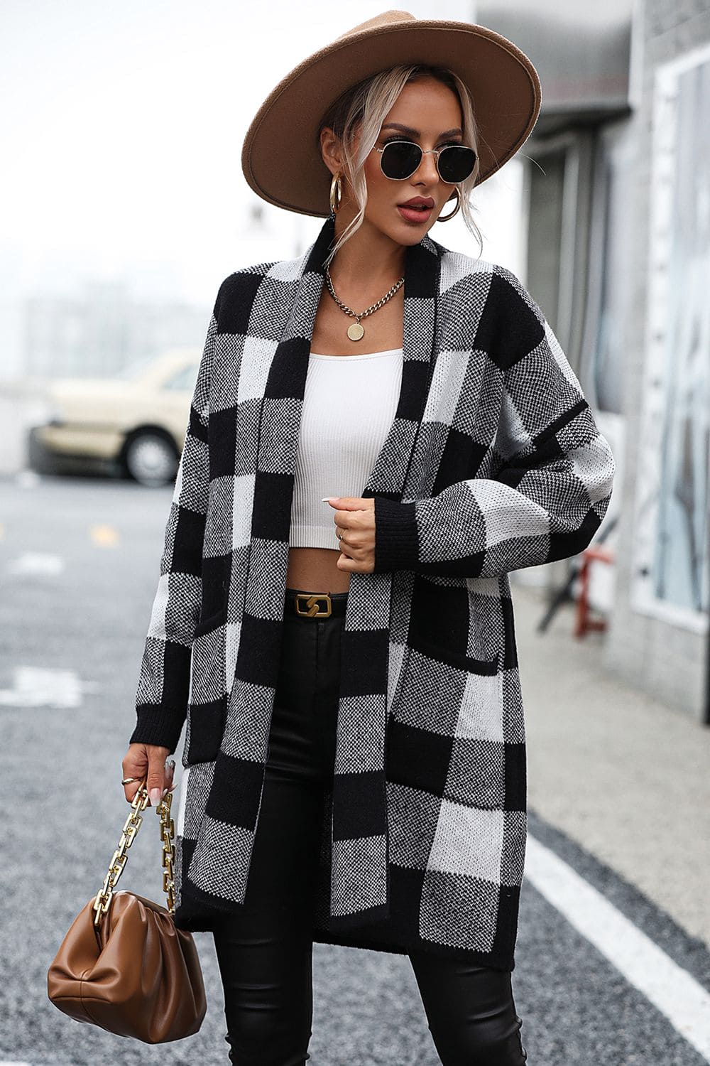 Plaid Dropped Shoulder Cardigan with Pocket by Trendsi | Fleurcouture