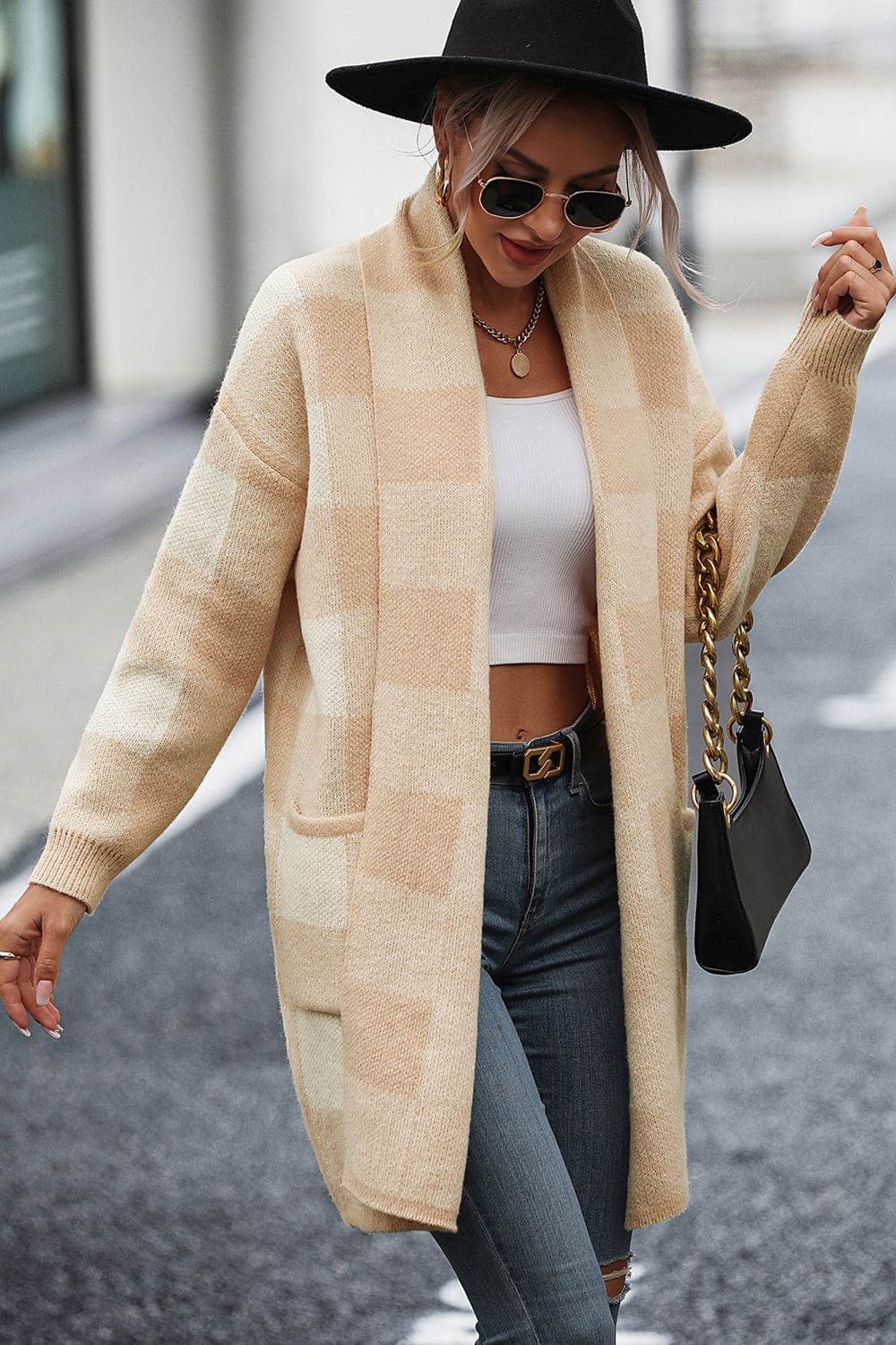 Plaid Dropped Shoulder Cardigan with Pocket by Trendsi | Fleurcouture