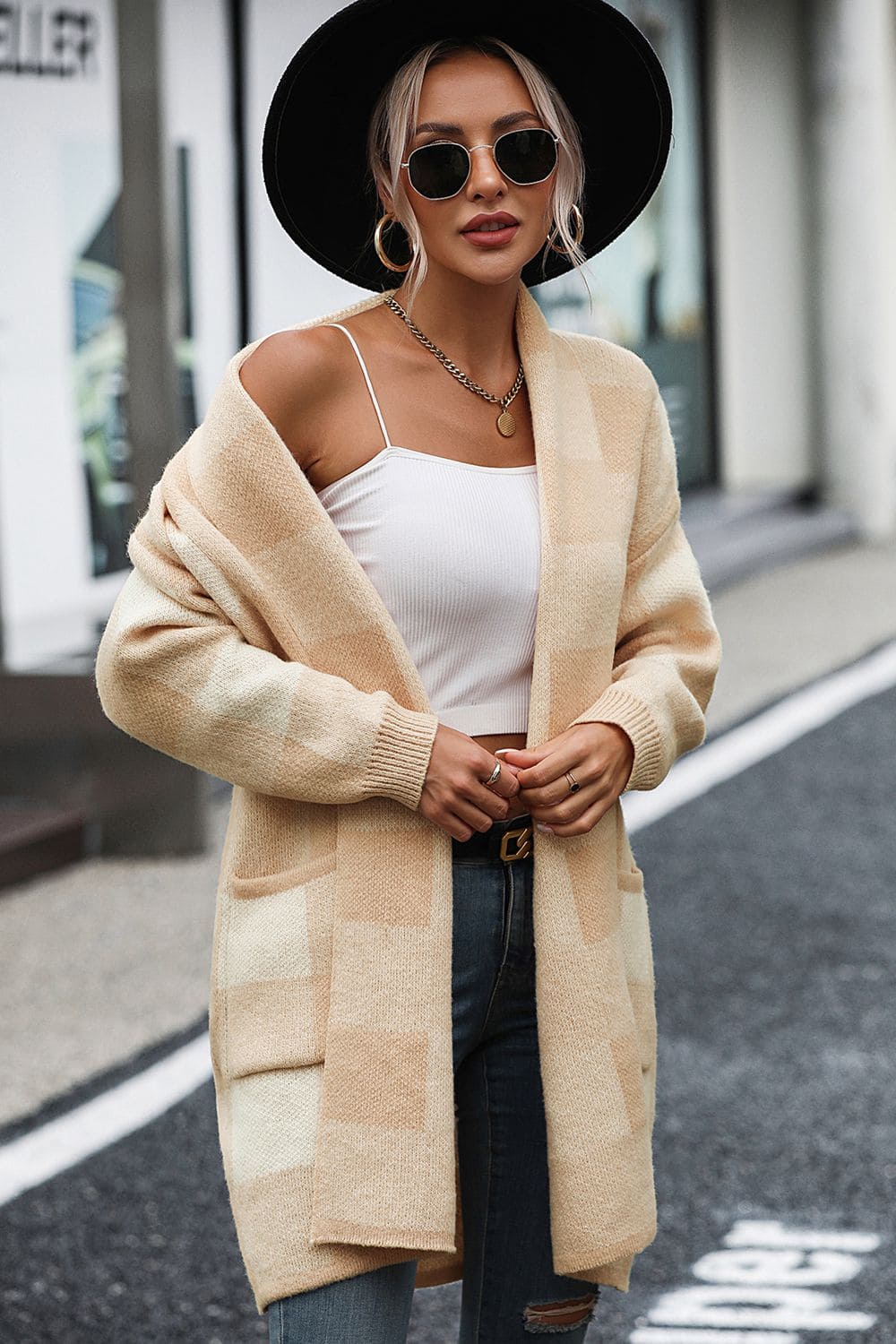 Plaid Dropped Shoulder Cardigan with Pocket by Trendsi | Fleurcouture