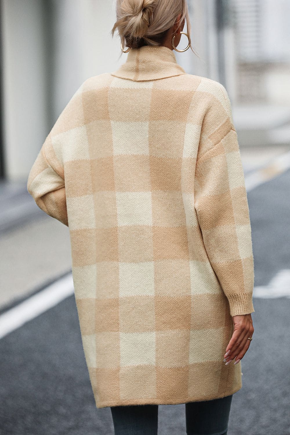 Plaid Dropped Shoulder Cardigan with Pocket by Trendsi | Fleurcouture