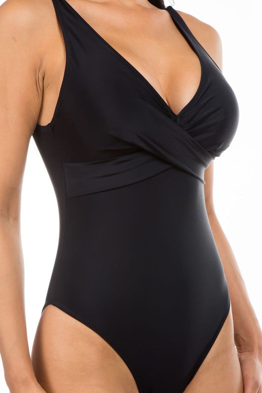 PLEATED CROSS GATHERING LOW V ONE PIECE Black S by Mermaid Swimwear | Fleurcouture