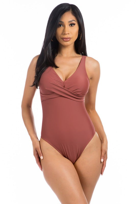 PLEATED CROSS GATHERING LOW V ONE PIECE by Mermaid Swimwear | Fleurcouture