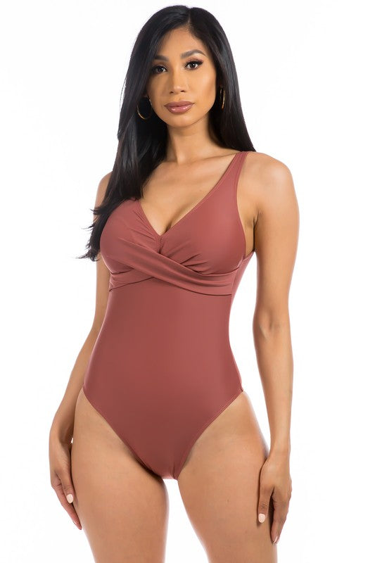 PLEATED CROSS GATHERING LOW V ONE PIECE by Mermaid Swimwear | Fleurcouture