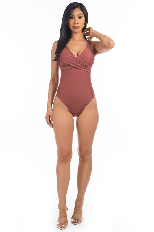 PLEATED CROSS GATHERING LOW V ONE PIECE by Mermaid Swimwear | Fleurcouture