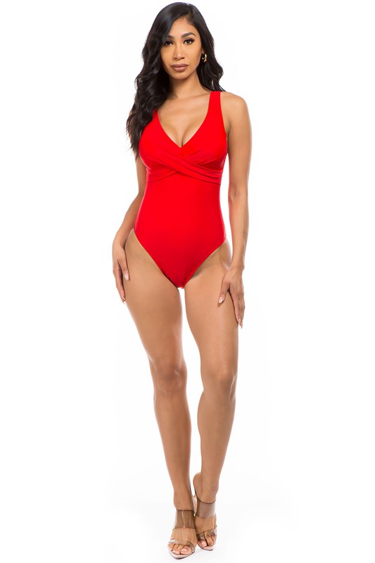 PLEATED CROSS GATHERING LOW V ONE PIECE by Mermaid Swimwear | Fleurcouture
