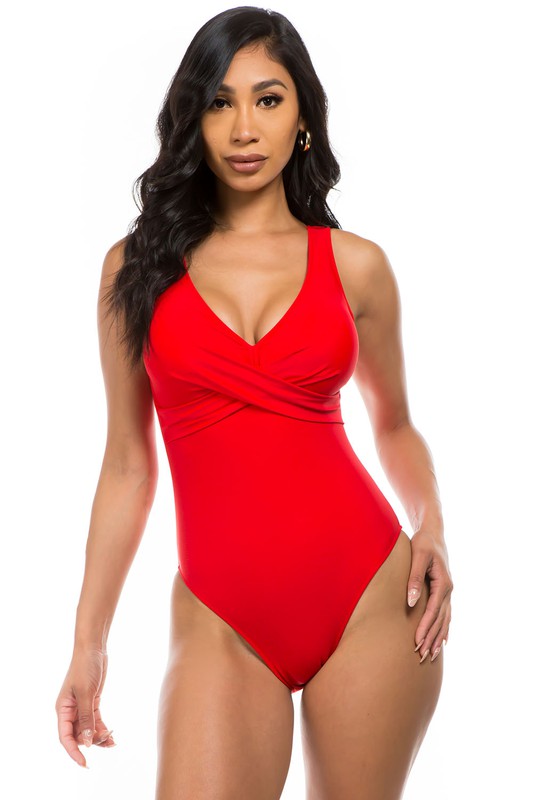 PLEATED CROSS GATHERING LOW V ONE PIECE Red S by Mermaid Swimwear | Fleurcouture