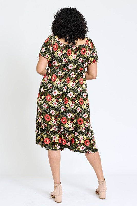 Plus Floral Square Neck Puff Sleeve Boho Dress by EG fashion | Fleurcouture