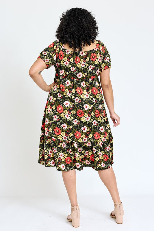 Plus Floral Square Neck Puff Sleeve Boho Dress by EG fashion | Fleurcouture