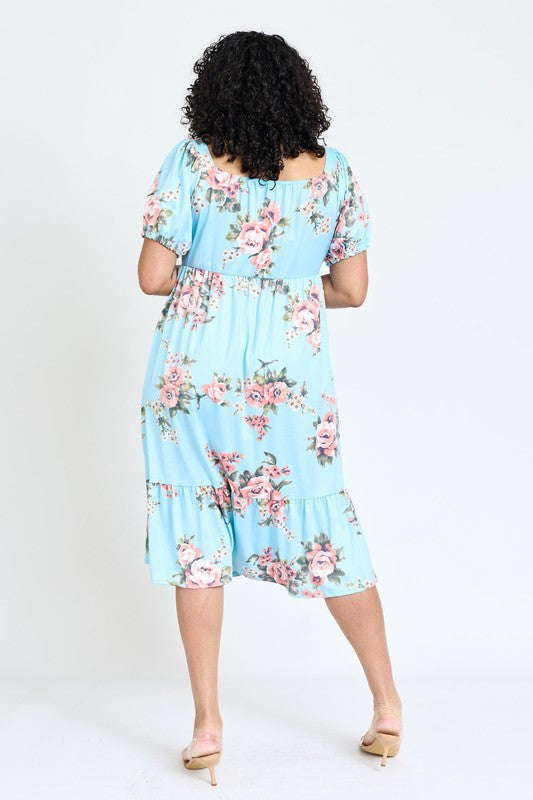 Plus Floral Square Neck Puff Sleeve Boho Dress by EG fashion | Fleurcouture