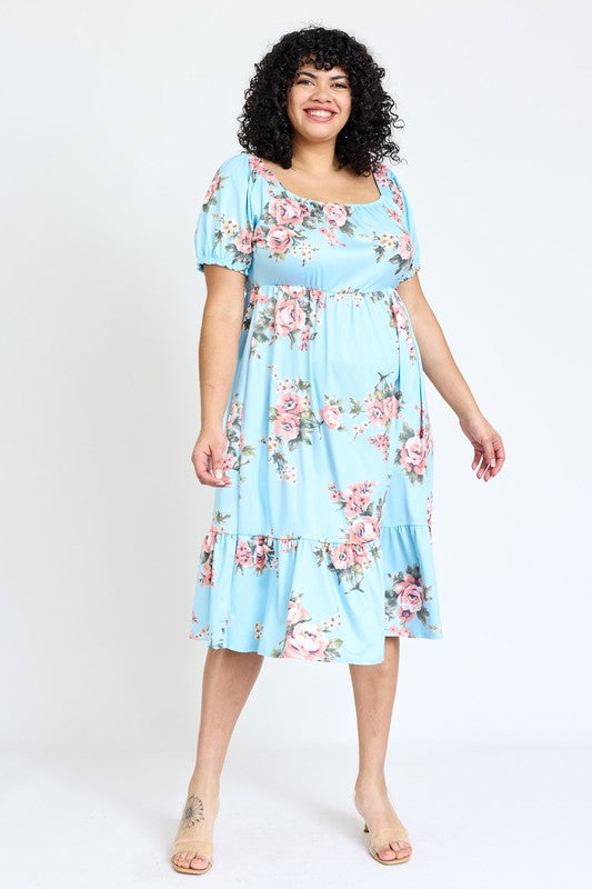 Plus Floral Square Neck Puff Sleeve Boho Dress by EG fashion | Fleurcouture