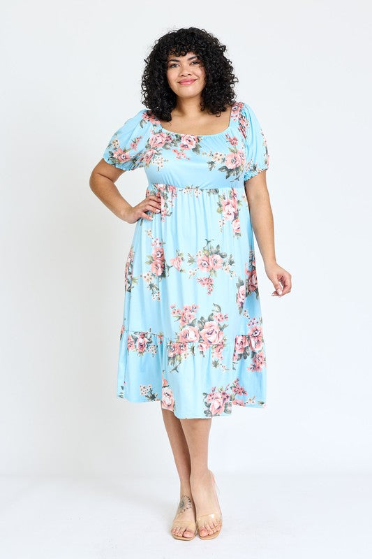 Plus Floral Square Neck Puff Sleeve Boho Dress by EG fashion | Fleurcouture