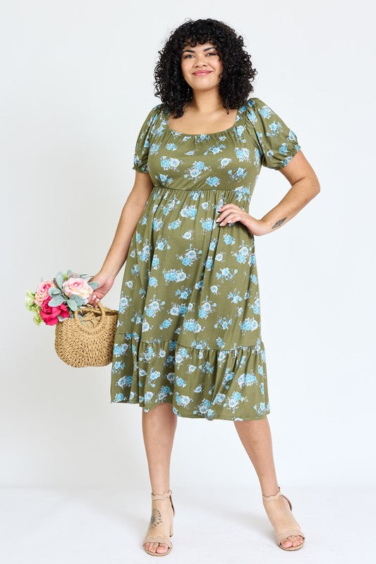 Plus Floral Square Neck Puff Sleeve Boho Dress by EG fashion | Fleurcouture