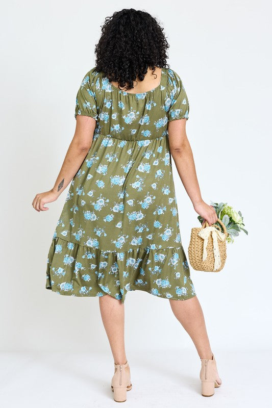 Plus Floral Square Neck Puff Sleeve Boho Dress by EG fashion | Fleurcouture