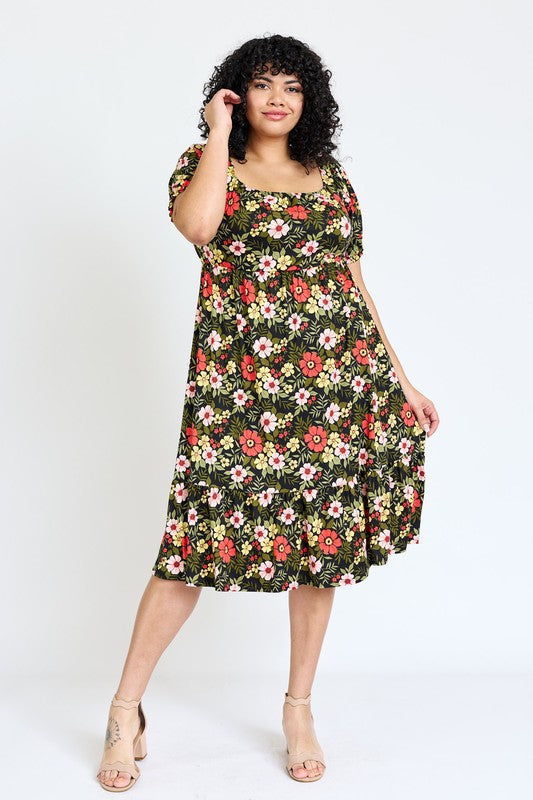 Plus Floral Square Neck Puff Sleeve Boho Dress by EG fashion | Fleurcouture