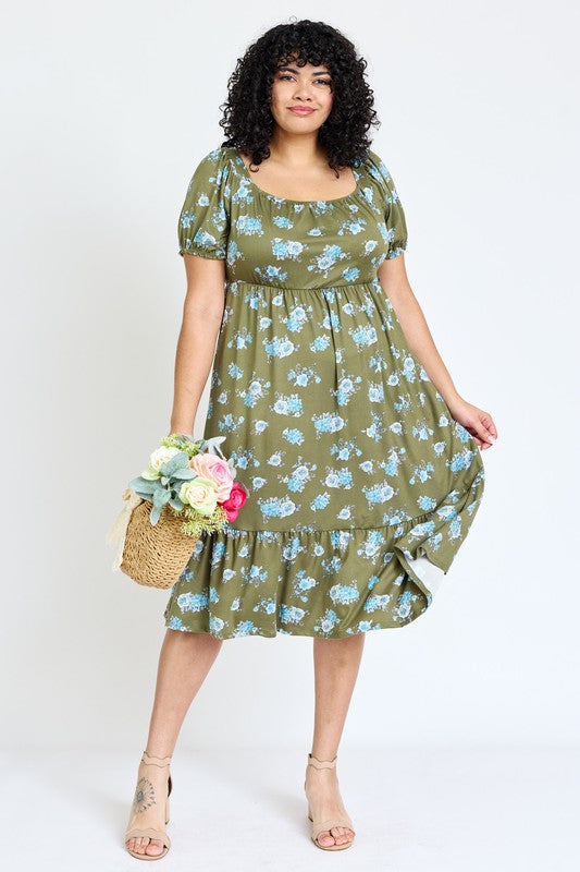 Plus Floral Square Neck Puff Sleeve Boho Dress Olive Mint 1X by EG fashion | Fleurcouture