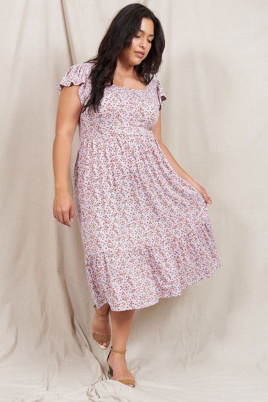 Plus Flutter Sleeve Ditsy Floral Sundress Blue Pink by EG fashion | Fleurcouture