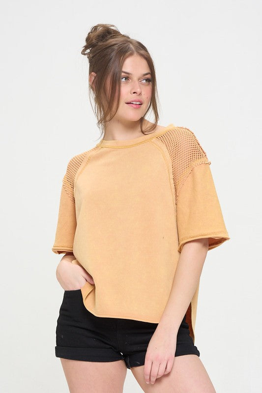 PLUS MINERAL WASHED SHORT SLEEVE FISHNET TOP by Jade By Jane | Fleurcouture