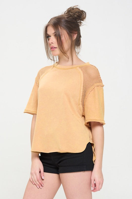PLUS MINERAL WASHED SHORT SLEEVE FISHNET TOP by Jade By Jane | Fleurcouture