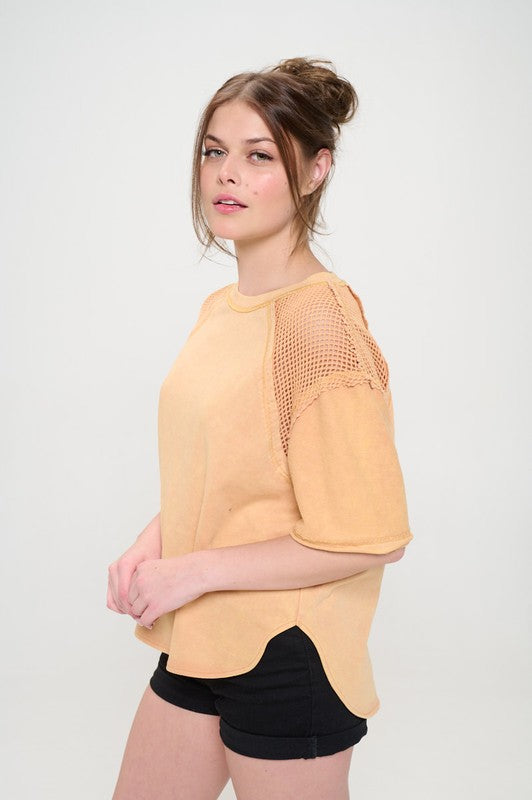 PLUS MINERAL WASHED SHORT SLEEVE FISHNET TOP by Jade By Jane | Fleurcouture