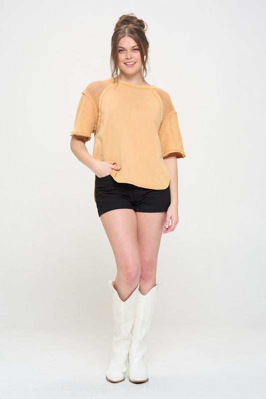 PLUS MINERAL WASHED SHORT SLEEVE FISHNET TOP by Jade By Jane | Fleurcouture