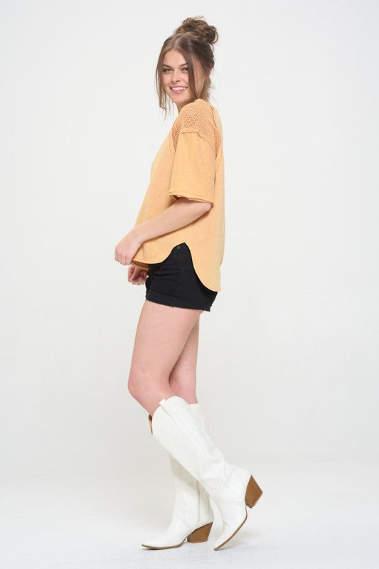 PLUS MINERAL WASHED SHORT SLEEVE FISHNET TOP by Jade By Jane | Fleurcouture