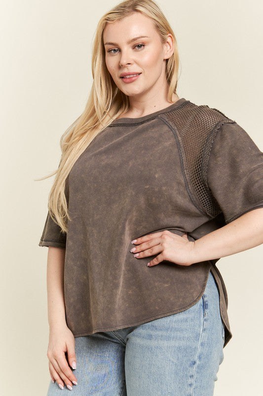 PLUS MINERAL WASHED SHORT SLEEVE FISHNET TOP by Jade By Jane | Fleurcouture