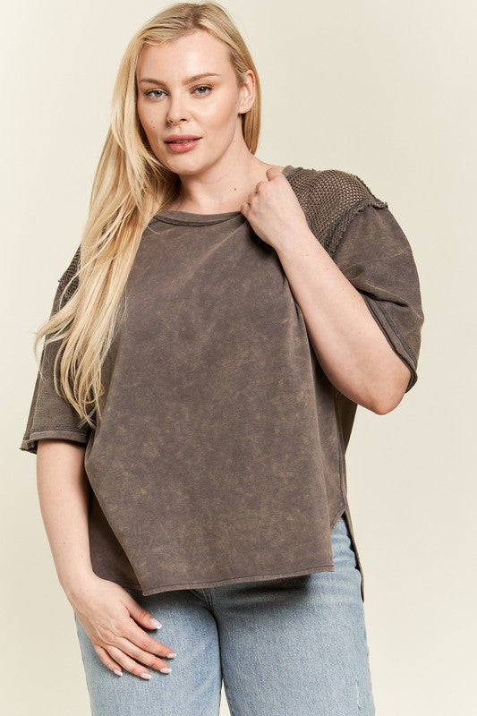 PLUS MINERAL WASHED SHORT SLEEVE FISHNET TOP by Jade By Jane | Fleurcouture