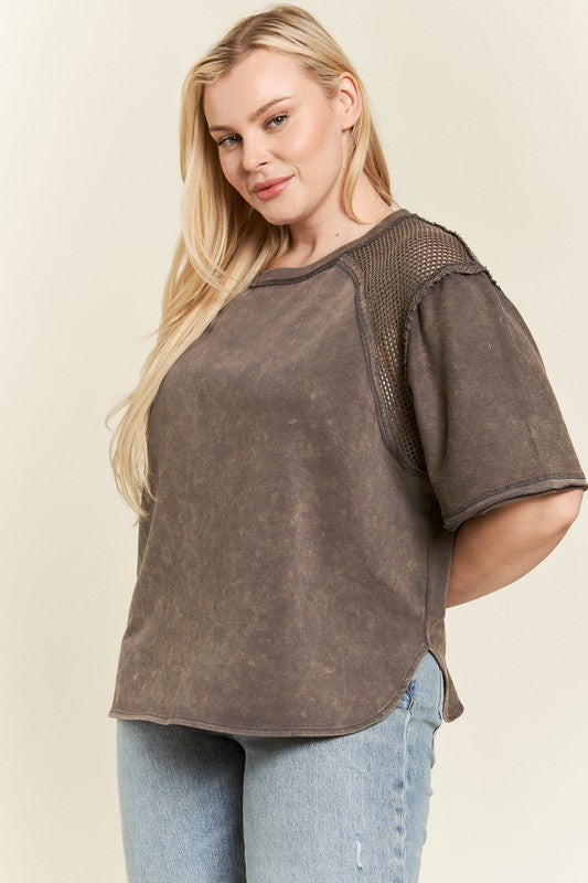 PLUS MINERAL WASHED SHORT SLEEVE FISHNET TOP by Jade By Jane | Fleurcouture