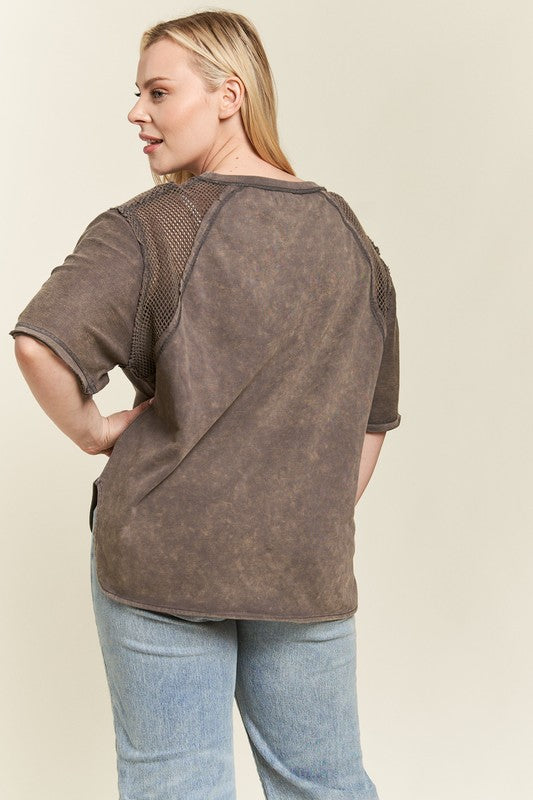PLUS MINERAL WASHED SHORT SLEEVE FISHNET TOP by Jade By Jane | Fleurcouture