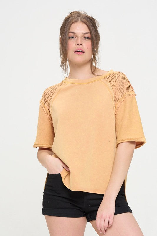 PLUS MINERAL WASHED SHORT SLEEVE FISHNET TOP PEACH 1X by Jade By Jane | Fleurcouture