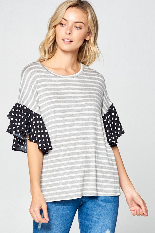 PLUS POLKA DOT RUFFLE SLEEVE TOP Black 1X by e Luna | Fleurcouture