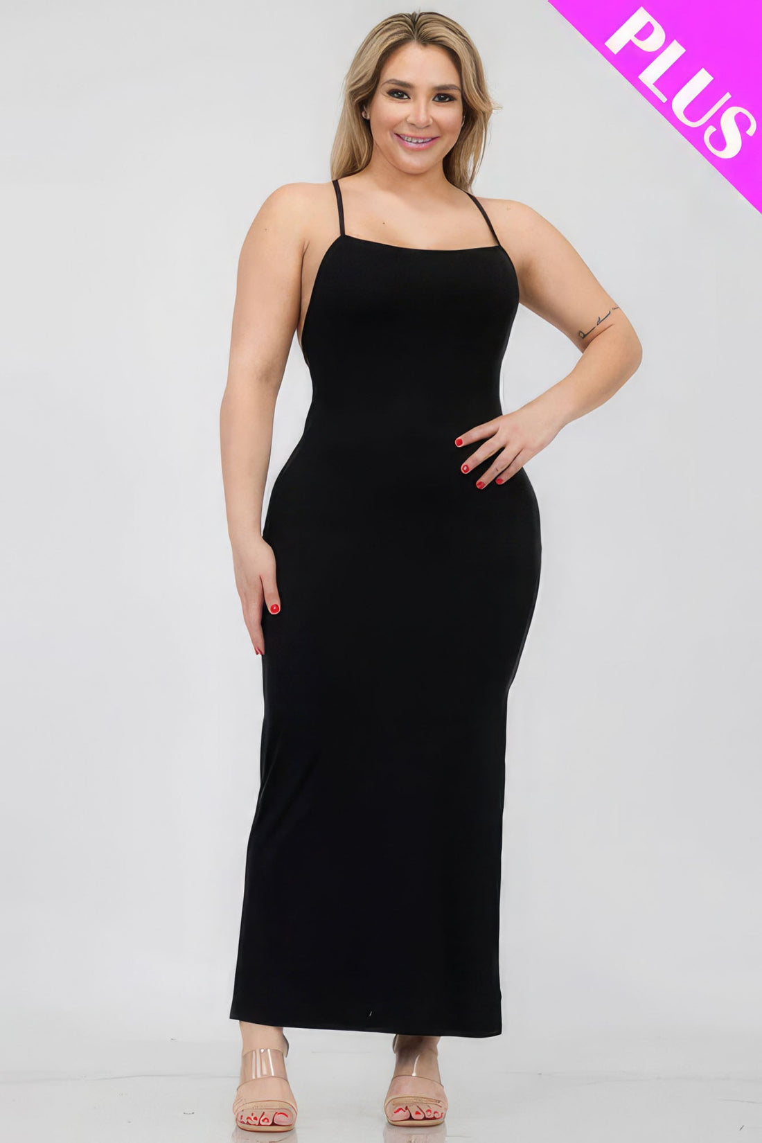 Plus Size Crisscross Back Split Thigh Maxi Dress by Fleurcouture | Fleurcouture