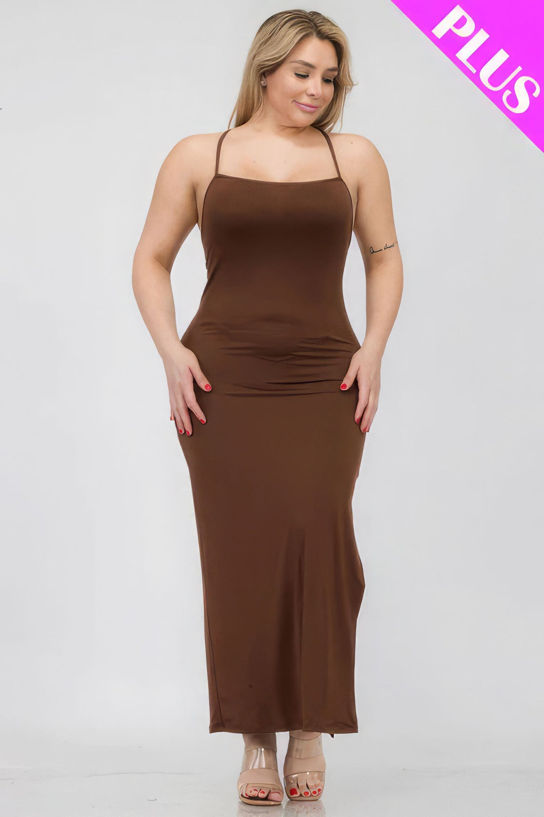 Plus Size Crisscross Back Split Thigh Maxi Dress Plus Size/Plus Size Dresses/Plus Size Mini Dresses by Fleurcouture | Fleurcouture