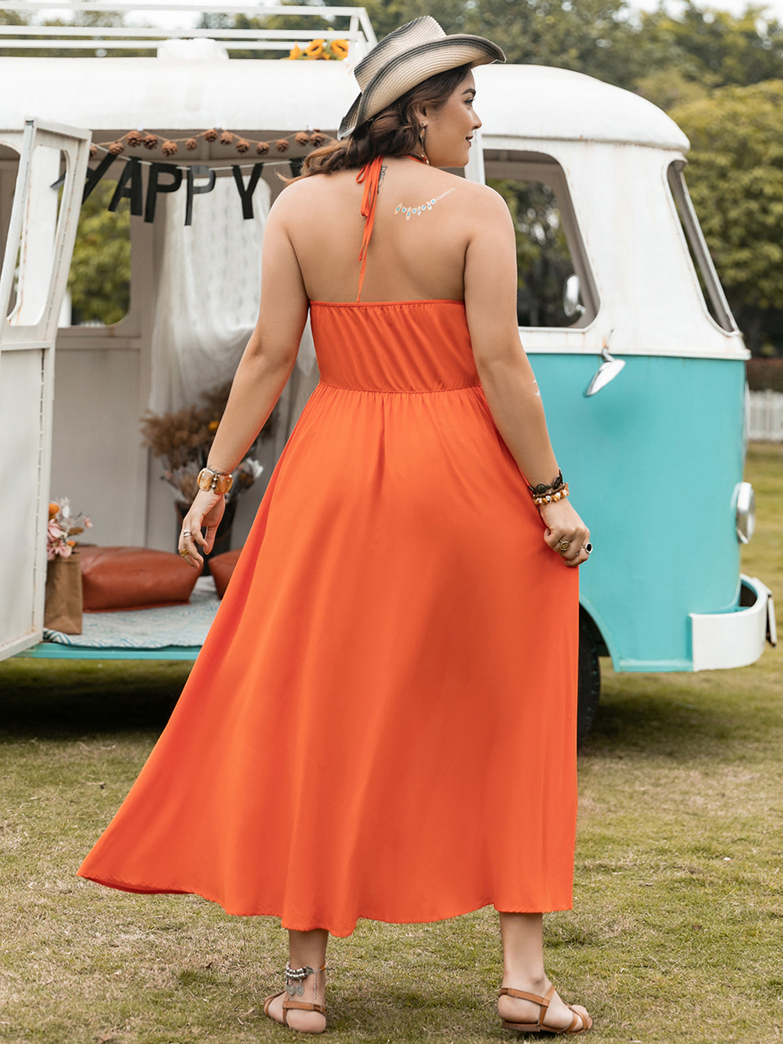 Plus Size Halter Neck Midi Dress Orange Plus Size by Trendsi | Fleurcouture