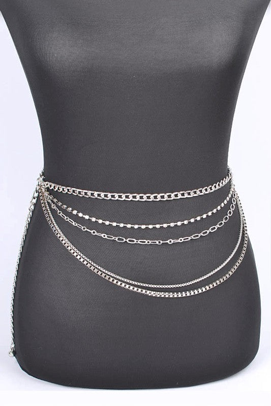 Plus Size Mix Chain Rhinestone Layered Chain Belt Silver O/S by Artini Accessories | Fleurcouture