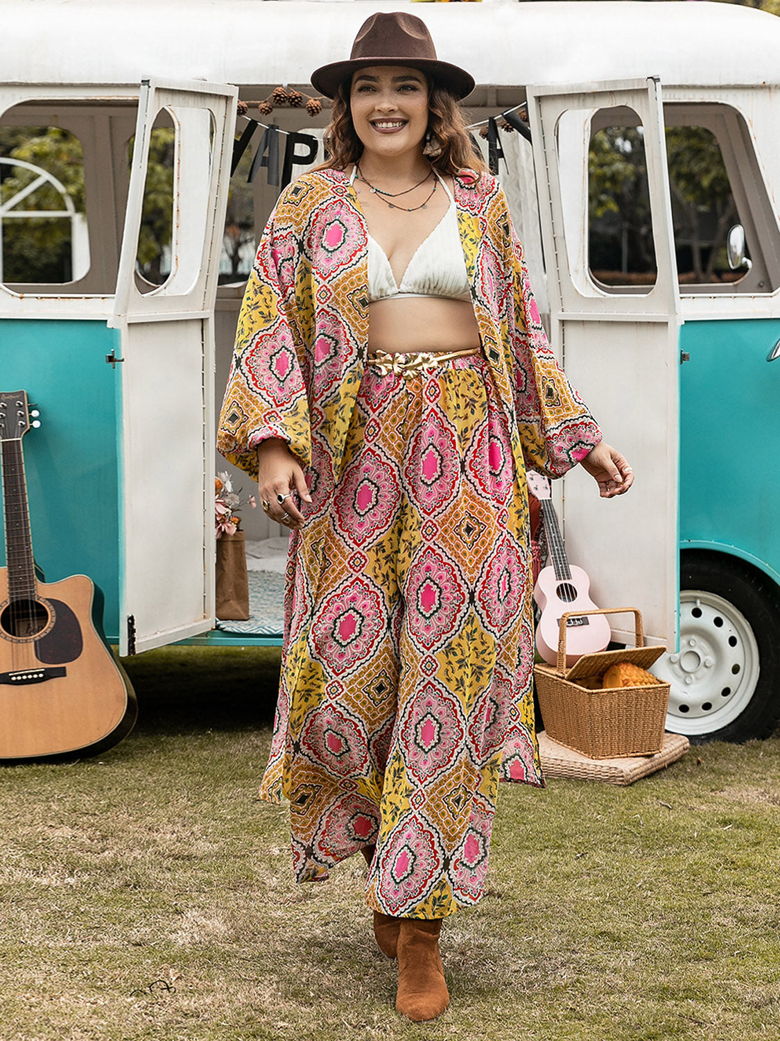 Plus Size Printed Open Front Cover Up and Pants Set Multicolor Plus Size by Trendsi | Fleurcouture