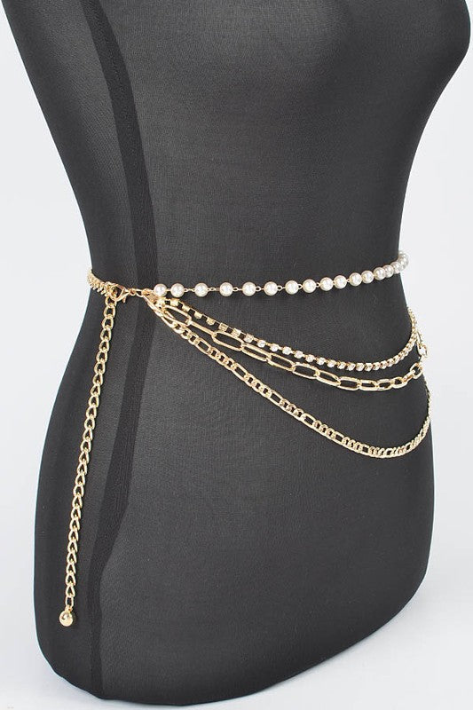Plus Size Rhinestone Pearl Layered Chain Belt Gold O/S by Artini Accessories | Fleurcouture