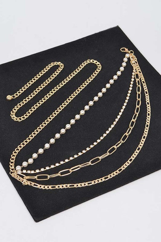Plus Size Rhinestone Pearl Layered Chain Belt O/S by Artini Accessories | Fleurcouture