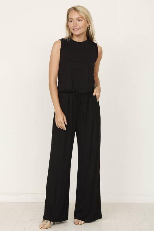 plus solid draw string pocket jumpsuit Black 2X by EG fashion | Fleurcouture