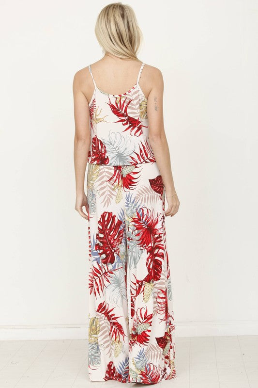 Plus Tropical Spaghetti Strap Jumpsuit Ivory/ Red Leaf by EG fashion | Fleurcouture