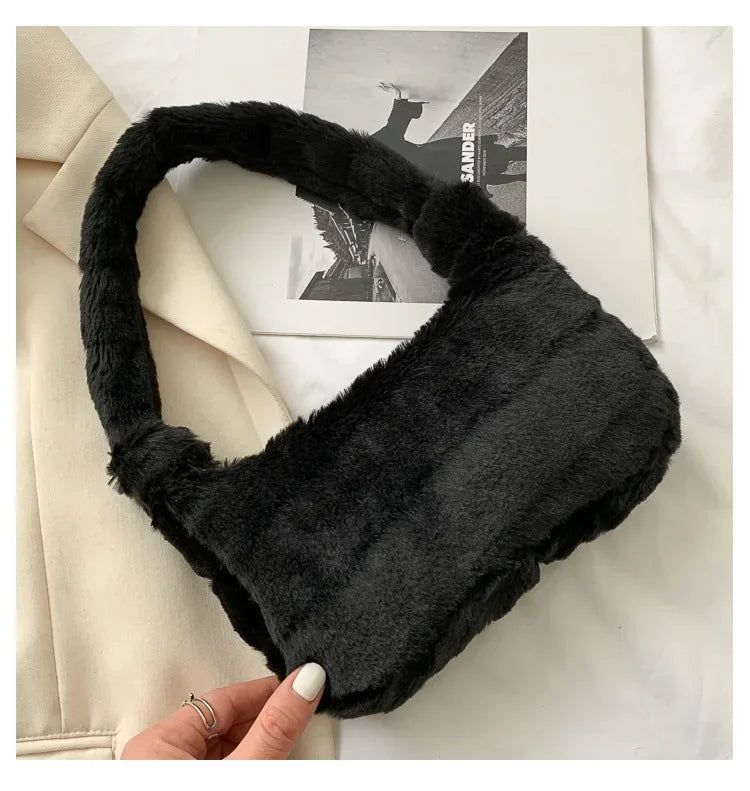 Plush Shoulder Bags for Femme Luxury Designer Soft Winter Ladies Clutch Purse Handbag Cute Fashion Female Party Underarm Bag Black by Fleurcouture | Fleurcouture