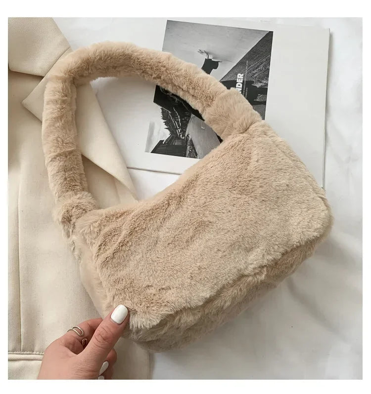 Plush Shoulder Bags for Femme Luxury Designer Soft Winter Ladies Clutch Purse Handbag Cute Fashion Female Party Underarm Bag Khaki by Fleurcouture | Fleurcouture