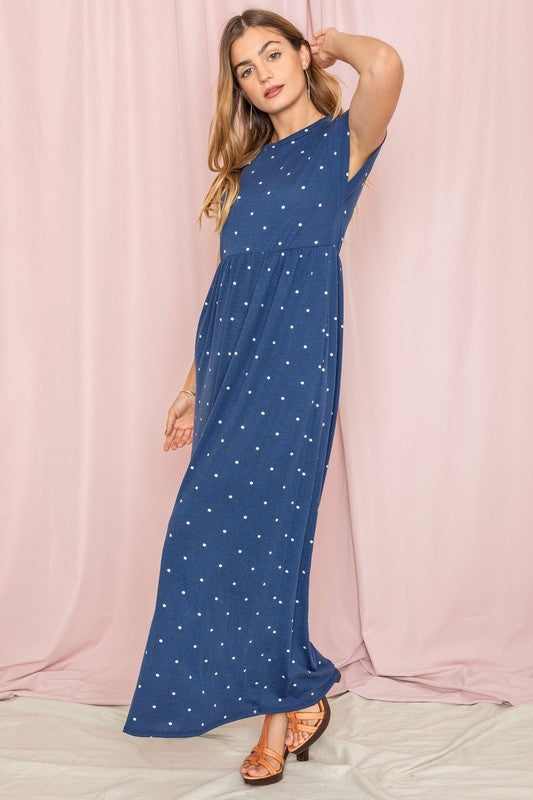 Polka Dot Folded Cap Sleeve Maxi Dress by EG fashion | Fleurcouture