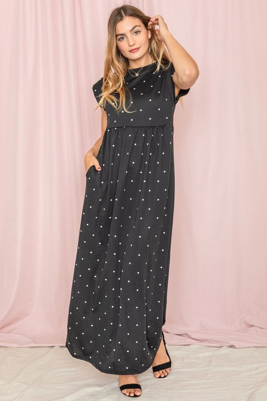 Polka Dot Folded Cap Sleeve Maxi Dress by EG fashion | Fleurcouture
